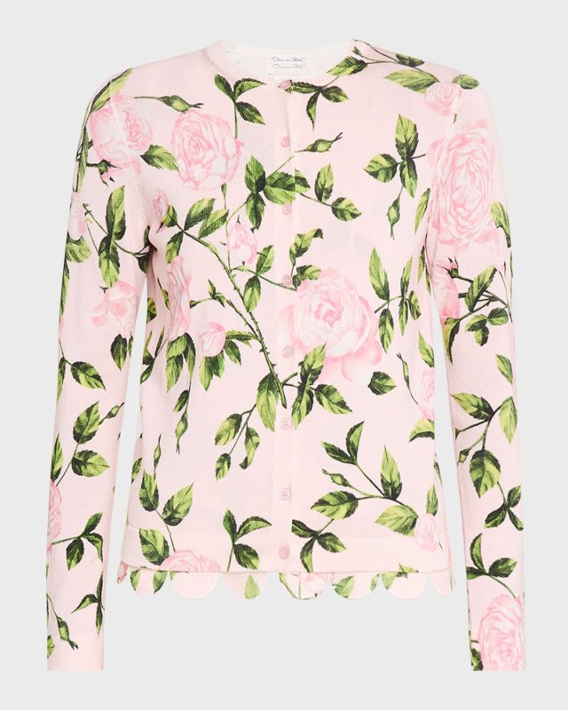 English Rose Printed Crewneck Cardigan With Scalloped Tr